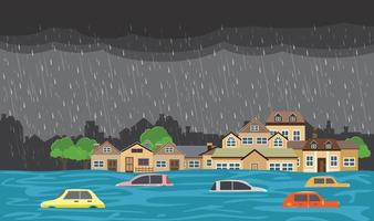 Flood disaster, flooding water in city street, vector design