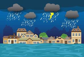 inundación desastre natural con casa, fuertes lluvias y tormentas, daños en el hogar, nubes y lluvia, agua de inundación en la ciudad, casa inundada. vector