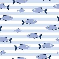 Seamless pattern of blue fishes on striped blue and white background. Good for textile, paper, background, scrapbooking. vector