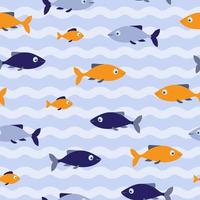 Blue and orange fishes seamless pattern on blue background with waves. Good for textile, paper, background, scrapbooking vector