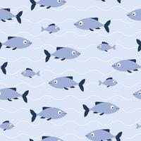 Seamless pattern of blue fishes and waves on blue background. Good for textile, paper, background, scrapbooking. vector