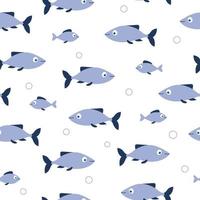 Seamless pattern of blue fishes and bubbles on white background. Good for textile, paper, background, scrapbooking. vector