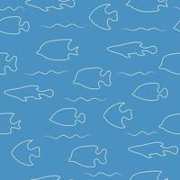 Seamless blue simple pattern with fishes and waves. Simple marine background vector