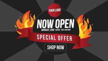 Now open shop or new store red and orange color fire sign on black background.Template design for opening event.Can be used for poster ,flyer, banner. vector