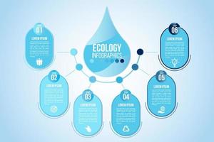 Infographic eco water blue design elements process 6 steps or options parts with drop of water. Ecology organic nature vector business template for presentation.