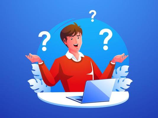 man sitting in front of laptop feeling confused, doubting, considering doing something