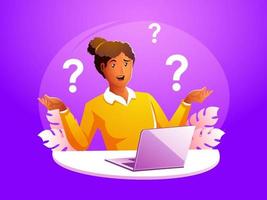 Woman sitting in front of laptop feeling confused, doubting, considering doing something vector
