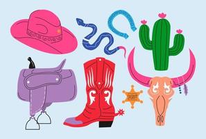 Cowboy western theme, wild west concept. Various objects. Boots, cactus, snake, skull, saddle, horseshoe, sheriff badge. Hand drawn colorful set. All elements are insolated vector