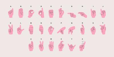 cartel horizontal del alfabeto del lenguaje de señas americano con las manos. ilustración vectorial de diferentes colores para afiches educativos asl, tarjetas, folletos, lienzos, sitios web, libros vector