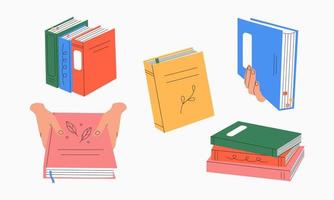 Set for book lovers. Various books, stacks of books with bookmarks, hands holding books. Flat educational illustration isolated on white background. Reading motivation. Everything is isolated. vector