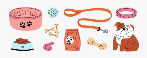 Various accessories and equipment for dogs.Food, toys, collar, leash, bone, bowl, whistle.The concept of a pet shop or shop. Hand-drawn colorful icons. Fashion math illustration. All elements isolated vector