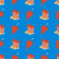 Red wellies and umbrella on blue. Rubber boots. Autumn background with umbrellas and boots. Rainy collection. Hand drawn colored flat seamless pattern with autumn elements, illustrations. vector