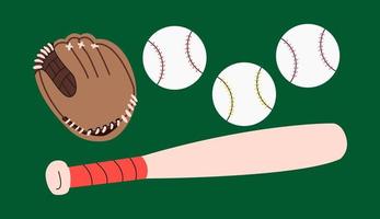 Baseball equipment set with cartoon brown mitt glove, balls and bat, illustration on green background.Ball with red, yellow, pink seams.Team sports concept. Hand drawn colored flat set. vector