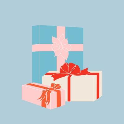 Pile of different gift boxes for holiday. Stack of festive wrapped presents decorated with bows. Xmas boxes with ribbon and bow. Colored flat illustration of festive packages isolated.