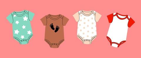 linda ropa de niña y niño. ropa moderna de moda para niños, conjunto de ilustración de guardería de dibujos animados de trajes de cuerpo casuales para niños. ropa infantil para niños y niñas. dibujado a mano ilustración plana de color vector