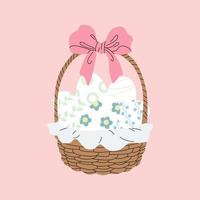 feliz tarjeta de felicitación de Pascua. lindos huevos de pascua de dibujos animados en la canasta con un gran lazo. cesta de mimbre y preciosa servilleta. primavera colorida ilustración plana dibujada a mano. vector