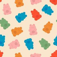 Colorful Fruity and tasty Sweets and candies. Various Gummy and Jelly Bears. Hand drawn Trendy illustration. Cartoon style. Seamless Pattern, Background, Wallpaper.
