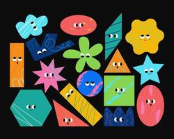 Set of various bright geometric shapes with facial emotions, doodles. Different shapes, textures. Hand drawn fashion illustration for kids. Abstract funny characters. All elements are insolated vector