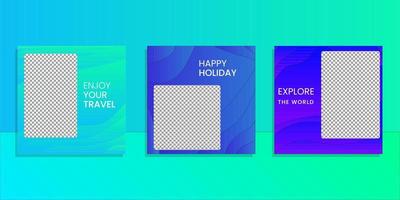 Travel agency social media post template design of summer beach travel adventure set of web banner. Fluid gradient background with photo space. Suitable for any social media posting vector