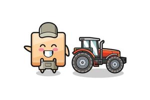 the pizza box farmer mascot standing beside a tractor vector