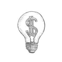 Hand drawn vector illustration of  light bulb. Ideas to make money. Isolated on white.