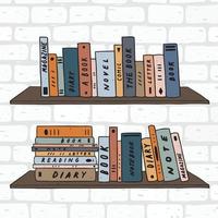 Hand drawn vector illustration of book on shelves. bookshelves on white brick wall.