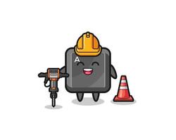 road worker mascot of keyboard button holding drill machine vector