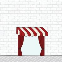 Hand drawn vector illustration of pattern white brick wall with awning. Red draped curtain.