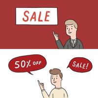 Hand drawn vector illustration of people pointing up blank space. Businessman point the finger to board. young man with Speech Bubbles on white background.