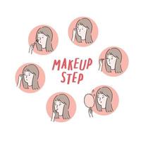 Hand drawn vector illustration of step to make up set. Woman Makeup process on white background.