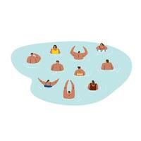Hand drawn vector illustration of people relaxes in the sea on white background. People swim in a pool.