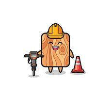road worker mascot of plank wood holding drill machine