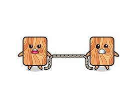 cute plank wood character is playing tug of war game