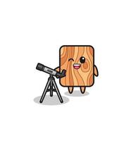 mascota de astrónomo de tablones de madera con un telescopio moderno vector