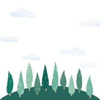 Hand drawn vector illustration of forest with blank space for text. Green forest landscape.Tree texture.