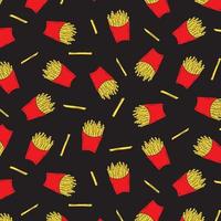 Hand drawn vector illustration of french fried potatoes in red paper box pattern on black background.Fast food.