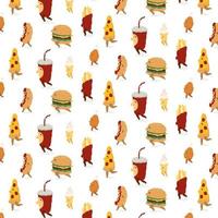 vector pattern with pizza,hamburger,french fries,fried chicken,ice cream,hotdog,soda drink on white background.Hand drawn illustration.Fast food characters walk in cartoon style.
