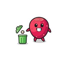 illustration of the prickly pear throwing garbage in the trash can vector