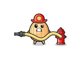 almond cartoon as firefighter mascot with water hose vector