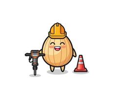 road worker mascot of almond holding drill machine vector