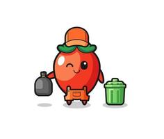 the mascot of cute chili pepper as garbage collector vector