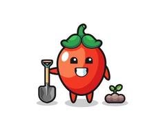 cute chili pepper cartoon is planting a tree seed vector