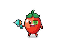 cute chili pepper holding a future gun vector