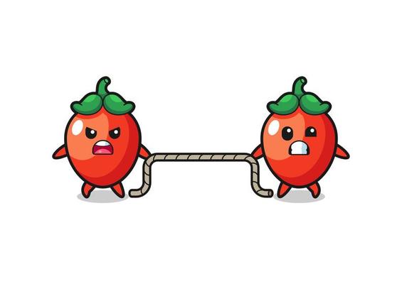 cute chili pepper character is playing tug of war game