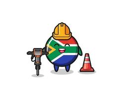 road worker mascot of south africa flag holding drill machine vector