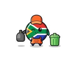 la mascota de la linda bandera de sudáfrica como recolector de basura vector