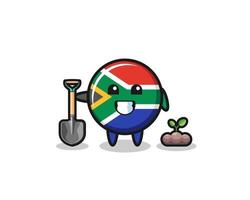 linda caricatura de la bandera de sudáfrica está plantando una semilla de árbol vector