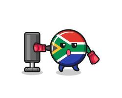 dibujos animados de boxeador de bandera de sudáfrica haciendo entrenamiento con saco de boxeo vector