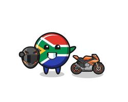 linda caricatura de la bandera de sudáfrica como corredor de motocicletas vector