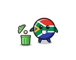 ilustración de la bandera de sudáfrica tirando basura en el bote de basura vector